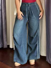 Dazy Plus Jean long déchiré à jambe droite ample avec taille élastique patchwork, convient pour toutes les saisons