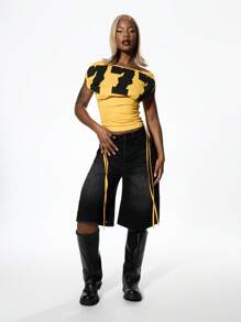 SUMWON WOMEN Off Shoulder Style Crop Top Wear Varsity Squad Dance Team Festival Fashion Streetwear Urban Aesthetic Fall