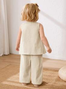 Cozy Pixies 2 pièces/Set Top sans manches à col ras-du-cou avec décoration nœud et pantalon à taille élastique pour bébé fille