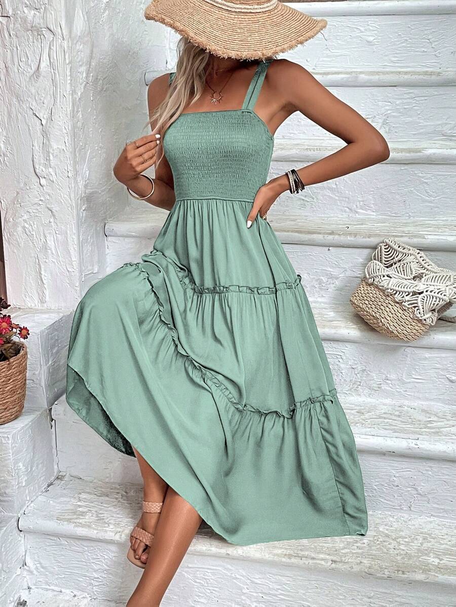 SHEIN Clasi Đầm Maxi Cami Có Viền Xếp Ly Có Viền Xếp Ly Cho Nữ - màu xanh lá - Xem 1