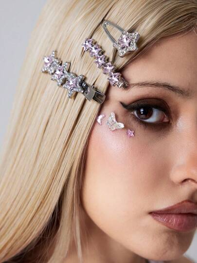 Kawaii Y2K 3D Butterfly Face Jewelry Gems, Sweet Wavy Metal Star & Moon Hair Clips, Face Jewels & Hair Accessories Multipack