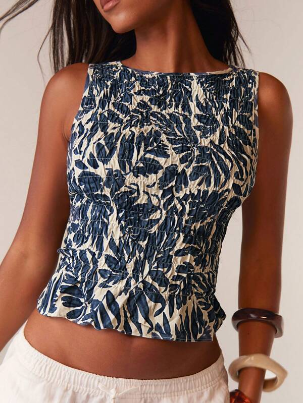 Athîral Blusa sin mangas plisada con estampado de plantas para mujer en vacaciones