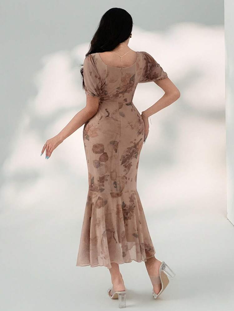 Women's Elegant Floral Off-Shoulder Puff Sleeve Fishtail Mid-Calf Dress, Summer Maxi Dress