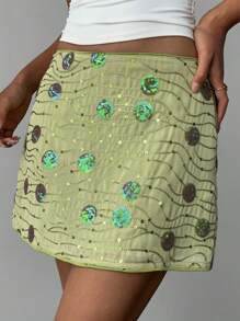 Aloruh 女式 YTK 性感优雅亮片刺绣绿色迷你裙女式夏季服装女式裙子鼠尾草绿色裙子 - 綠色 - 查看 3