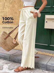 SHEIN Frenchy Quần vải lanh rộng rãi màu trơn đơn giản cho nữ - Màu be - Xem 1