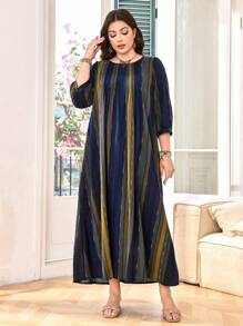 Lacomfia 大码女式休闲条纹七分袖宽松常规阿拉伯风格连衣裙，春夏 - 彩色 - 查看 6