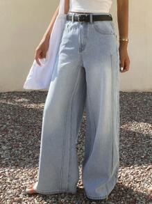 DAZY 女式宽松直筒牛仔裤，带线条图案装饰，休闲街头服饰，返校服 - 淺色水洗藍 - 查看 3