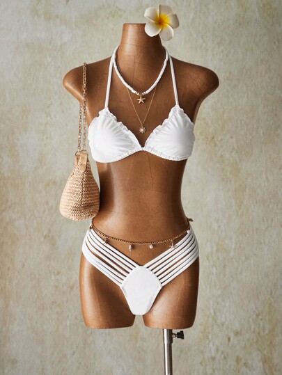 SHEIN ICON Women's White Knitted Bikini Set With Spaghetti Straps And Tie Back Detailing For A Chic Beach Look