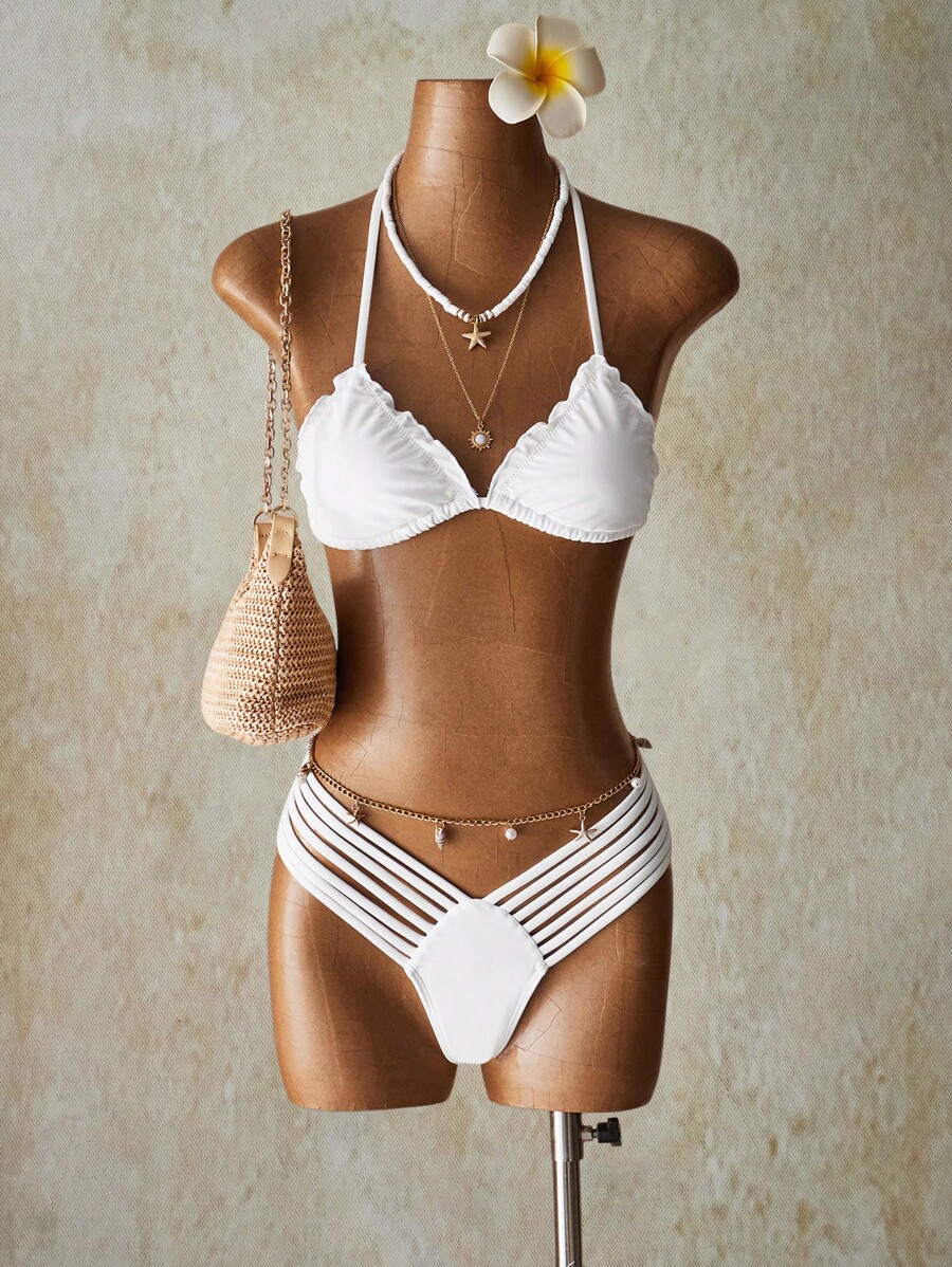 SHEIN ICON Women's White Knitted Bikini Set With Spaghetti Straps And Tie Back Detailing For A Chic Beach Look - White - View 1