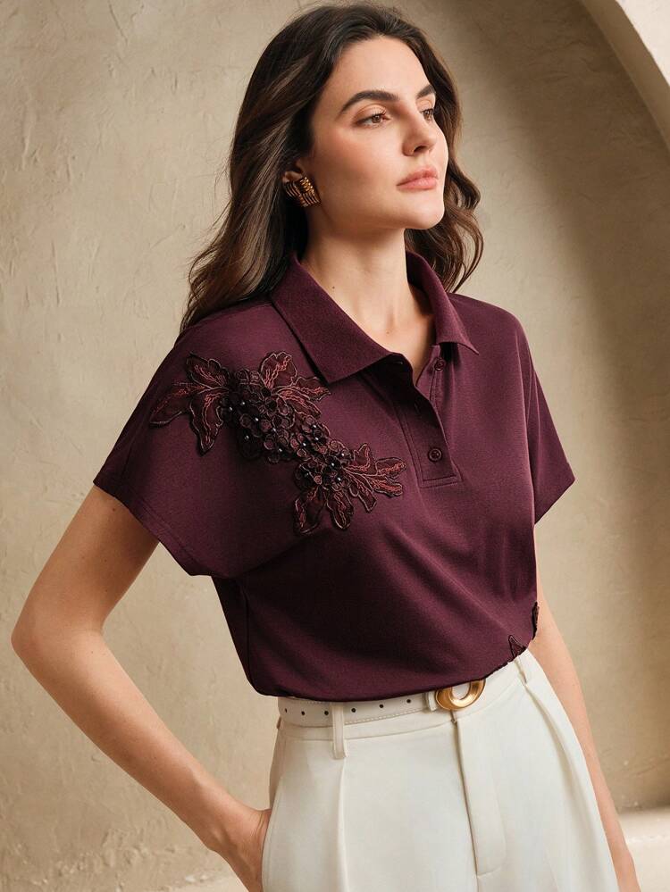 New Summer Women's Loose Crew Neck T-Shirt With Polo Collar Design, Embroidered Floral Stud Decor