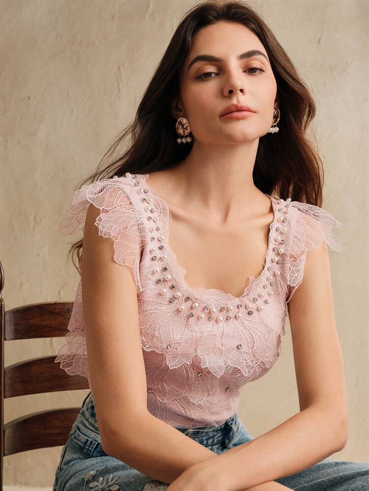 Casual, Elegant Romantic Textured Floral Beaded Spring/Summer Women Tops, T-Shirts, Blouses