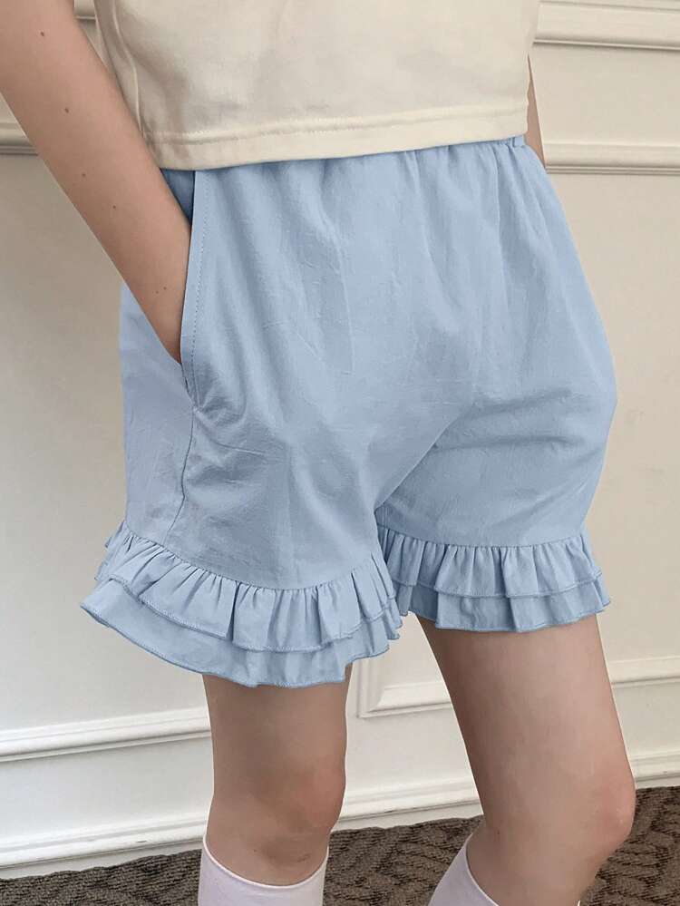 Tween Girl Solid Color Ruffle Hem Pocketed Fashion Shorts, Summer, Back To School