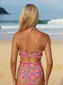 Swim Mod Women Random Floral Print Cute Ruffled High Waist Bikini Set, Summer - Multicolor - View 2