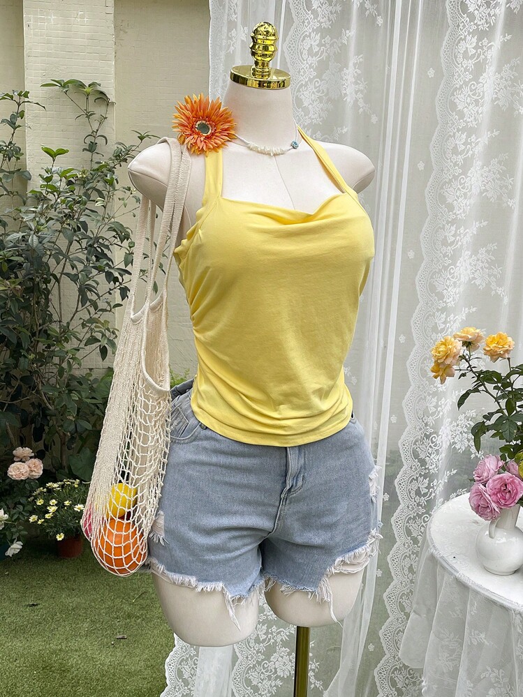 Comfortcana Plus Size Women's Casual Solid Color Ruched Halter Top, Summer - Yellow - View 4