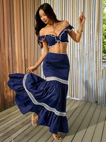 SHEIN PETITE Conjunto de dos piezas para mujer para uso diario - Azul Marino - Ver 1