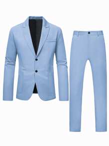 Manfinity Mode 男士纯色口袋休闲商务长袖西装外套+裤子套装男士休闲西服男士休闲西装男士春季服装男士西裤 - 淺藍色 - 查看 3