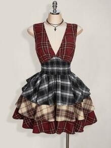 SHEIN ICON 加大码 V 领撞色格子褶饰分层中长连衣裙，Y2K 撞色格纹印花连衣裙 - 彩色 - 查看 3