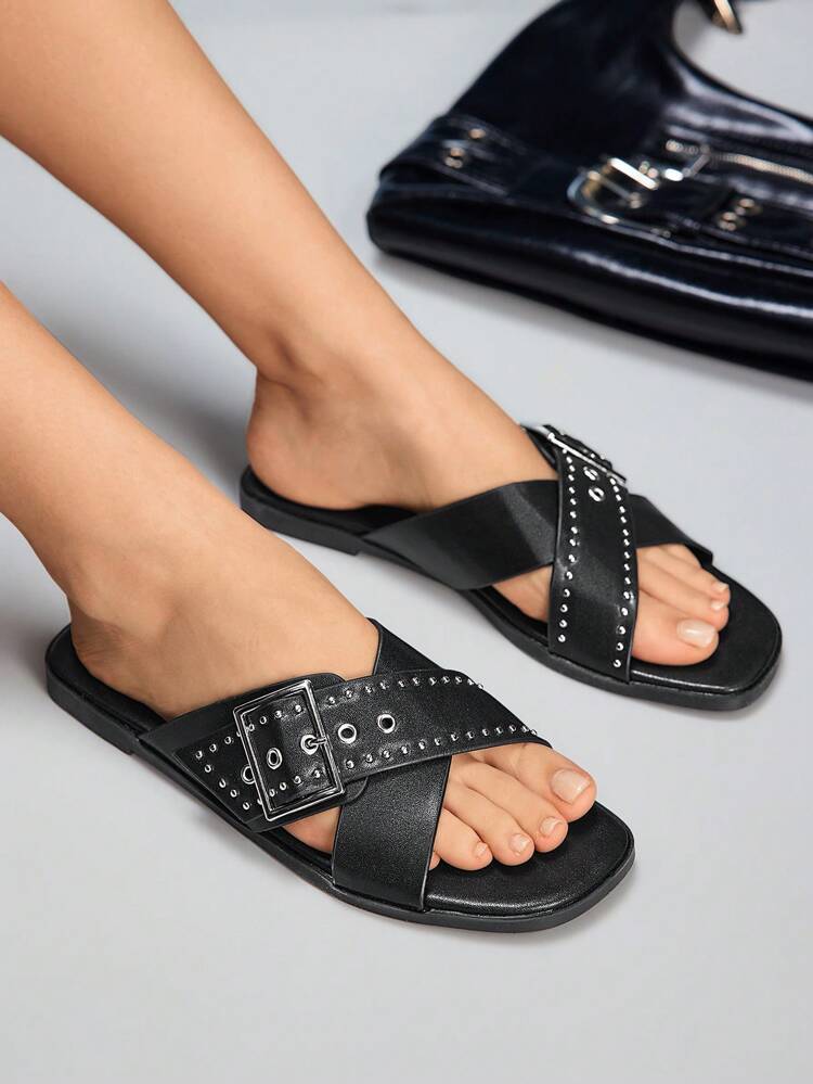 CUCCOO GRLICON Women's Flat Sandals, Y2K Style, Punk Rock, Biker, Cool Girl, Suitable For Halloween, Christmas, Party
