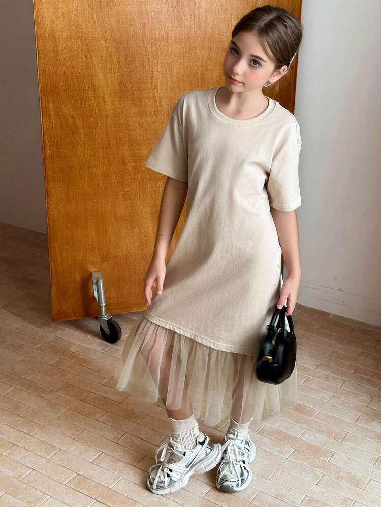 Tween Girl Crew Neck Knit Short Sleeve Mesh Patchwork Dress, Summer, Back To School Clothes