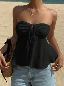 SHEIN EZwear Black Strapless Women's Vacation Blouse, Off-Shoulder Minimalist Style, Suitable For Summer,Tube Top - Black - View 1