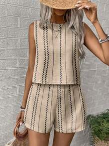 SHEIN PETITE Women's Woven Leisure Vacation Sleeveless Two Pieces Set - Apricot - View 5