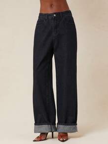 NYA SZN Jeans de tiro alto de lavado oscuro con dobladillo, casual básico de uso diario para mujer