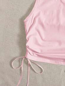 SHEIN EZwear Atasan Tank Top Rajut Kasual Wanita Ukuran Plus, Leher Bulat, Tali Serut Samping, Warna Pink, Cocok untuk Acara Keluar Rumah - Berwarna merah muda - View 6