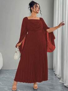 Modelyn Damen Plissee Taille Passform & Flare elegantes Pendler Große Größen Kleid mit quadratischem Ausschnitt und Langarm - Gebrannte Orange - Übersicht 6