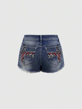 Grunge Punk Short en jean délavé casual d'été pour femmes avec broderie