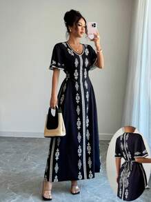 Elenzga 新款优雅V领时尚印花女式连衣裙 - 彩色 - 查看 1