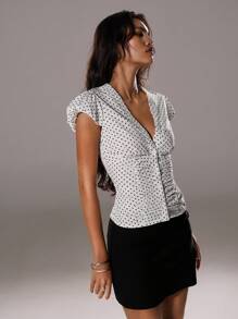 TRNVIE Women's Summer Polka Dot Print Puff Sleeve Fitted Blouse Top - Black and White - View 3