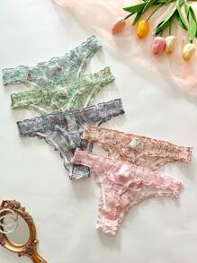 Shein Underwear&Sleepwear Basics Set de 5 tangas de mujer con decoración de volantes, diseño de flores y moños
