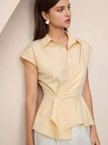 BizChic 2025 年夏季新款奶油黄色翻领前开口不对称下摆设计女式衬衫，商务休闲日常通勤优雅海滩度假适合婚礼宾客、乡村音乐节、早午餐、机场，90 年代复古斯德哥尔摩风格美式风情 - 杏色 - 查看 5