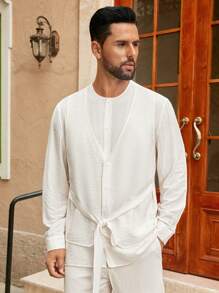 SIGLOCORE Men's Loose Design Tie-Up Long Sleeve Shirt With Layered Look, Spring/Summer Men Resort Wear - White - View 6
