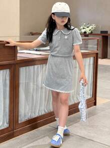 DAZY 2pcs/Set Tween Girls Polo Collar Puff Sleeve T-Shirt + Skirt Outfit For Autumn,Back To School Clothes - Grey - View 7