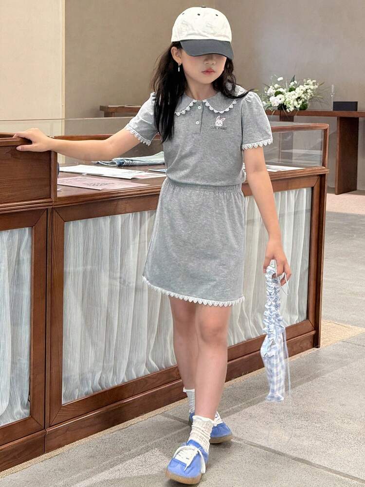 2pcs/Set Tween Girls Polo Collar Puff Sleeve T-Shirt + Skirt Outfit For Autumn,Back To School Clothes