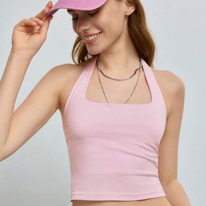 여성 여름 캐주얼 솔리드 컬러 할터넥 백리스 크롭 탑
