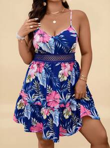 Travachic 大码热带印花无袖休闲连衣裙 - 寶藍色 - 查看 4