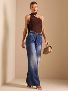 SHEIN BAE 纯黑色优雅斜领紧身褶皱网眼女式紧身衣、度假紧身衣、音乐节服装、极简紧身衣