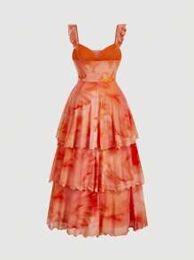 SHEIN MOD 大码女式荷叶边橙色花卉印花飘袖网眼罩层连衣裙，浪漫图案，正式场合，休闲，度假，生日派对，日常通勤，春夏季，女士生日礼服，女士节日服装，女士连衣裙 - 橘色 - 查看 8