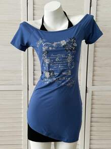 SHEIN Y2K 标语印花撞色二合一迷你连衣裙