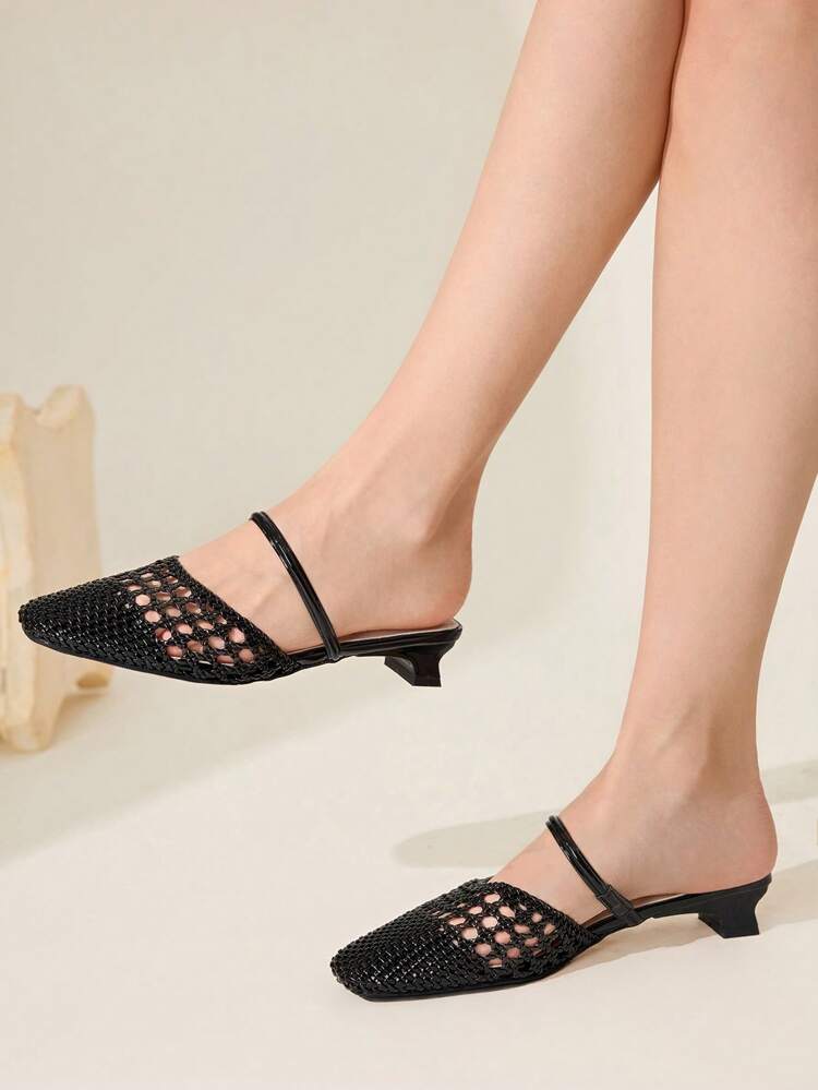 CUCCOO CHICEST Women's Woven Hollow Square Toe Chunky Heel Low Heel Elegant Vacation Casual Comfortable Minimalist Black Woven PU Leather Ladies' High Heel Slide Mule Sandals, Spring/Summer New Vacation Style, Afternoon Tea Chic Beach Outfit