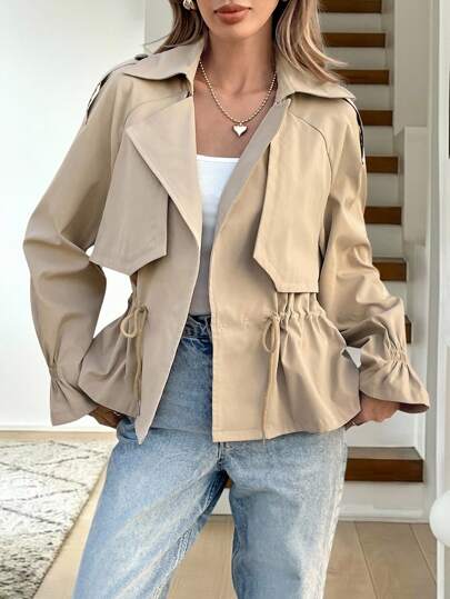Easowa Women Casual Short Trench Coat,Khaki,Autumn,Elegant,Everyday Business Office Woman Old Money Style Spring Winter Jacket