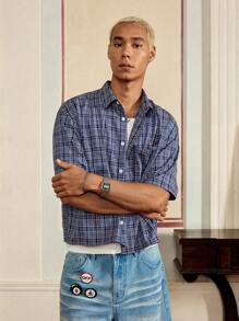 SWAVVY Standard Fit Men's Casual Loose Box-Type Check Plaid Button Up Shirt With English Embroidery, Blue And Purple - Purple - View 5