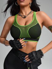 Innovista Women's Contrast Mesh Hollow Cross Back Sports Bra - Green - View 5