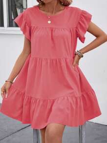 Breezaya Women Summer Solid Color Round Neck Loose Babydoll Dress With Ruffle Trim Vacation Beach Outfit - Watermelon Pink - View 3