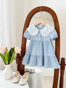 SHEIN LMoss Kids Babygirl 甜美夏季蓝色条纹宽松彼得潘领短袖连衣裙 - 藍色 - 查看 9