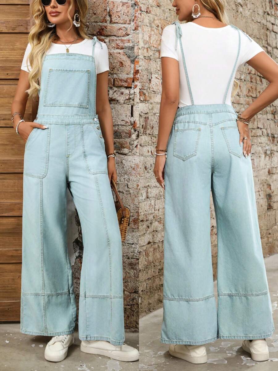 SHEIN LUNE بناطيل قصيرة وبدلة واحدة من الجينز للسيدات، عصرية ومناسبة للصيف - الأزرق - مشاهدة 1