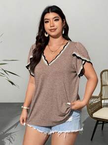 Calvaya 撞色饰边 V 领喇叭袖休闲修身舒适针织大码夏季 T 恤 - 卡其色 - 查看 4