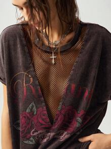 Bohemela Áo thun cổ tròn dệt kim họa tiết trơn dành cho nữ, phong cách phương Tây, mùa hè - màu nâu - Xem 3